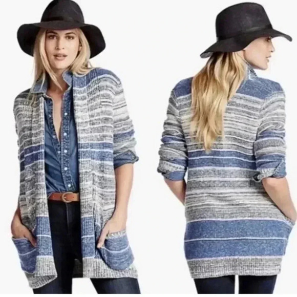 Lucky Brand Striped Knit Open-Front Cardigan Sweater Blue & White Women's Large - Picture 1 of 5